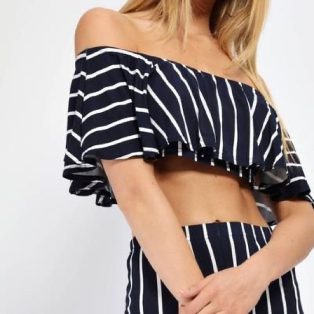 Bardot Navy/White Strip Frill Crop Top
